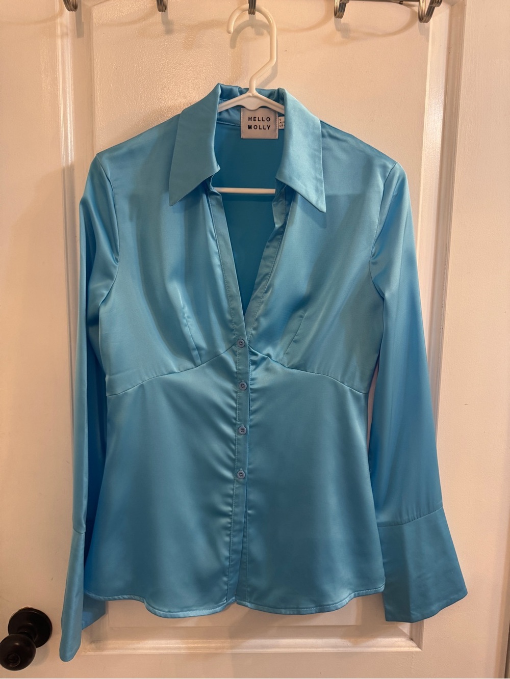 Hello Molly Angel Energy Satin Button Down Shirt Aqua Blue Small